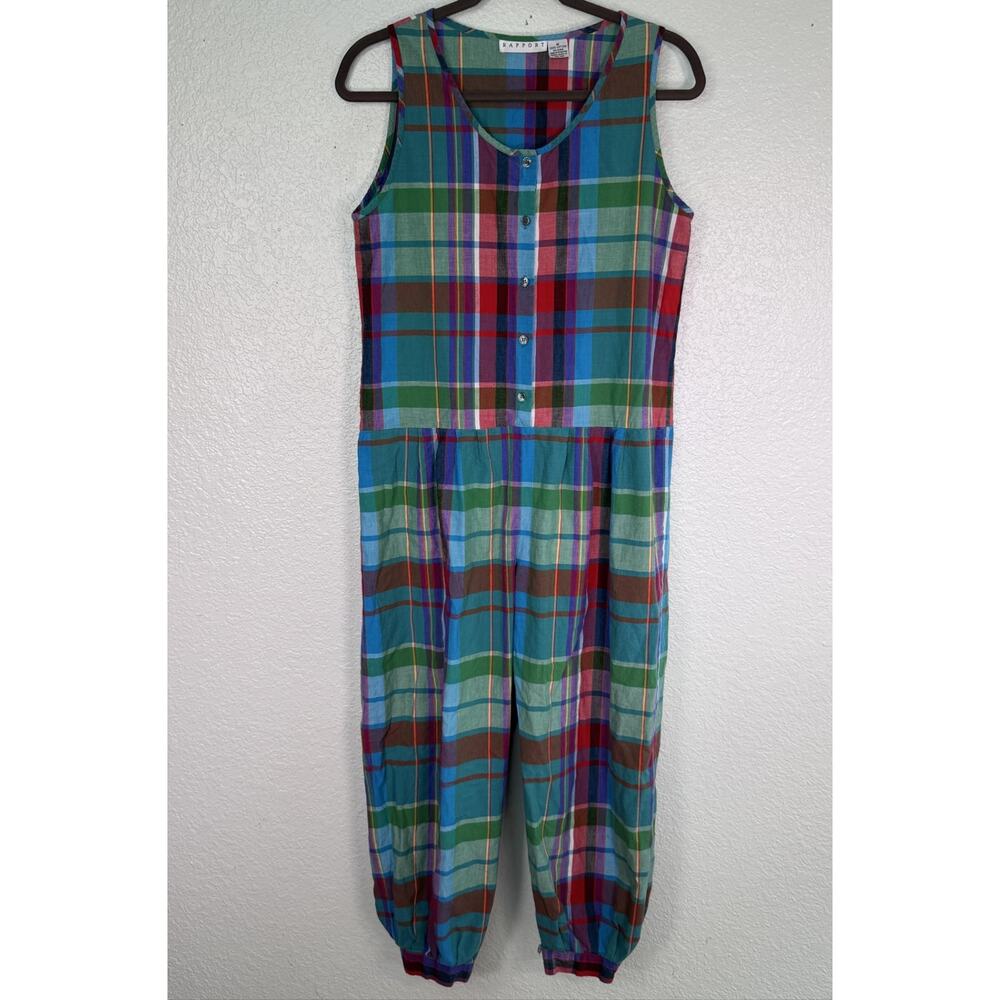 Vintage Rapport Jumpsuit Womens Medium Plaid Colorful Rainbow 80s 90s Retro Vtg